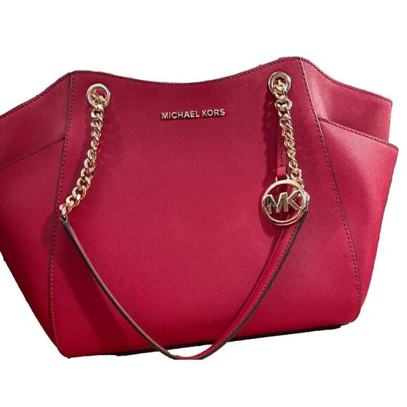 Michael Kors Red Leather Satchel Tote Shoulder Bag Purse Gold Chain Logo Charm - Picture 1 of 7
